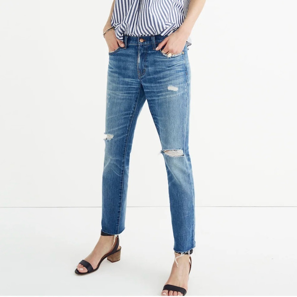 Women's Madewell The Slim Boyjean cropped raw hem distressed jeans size 27